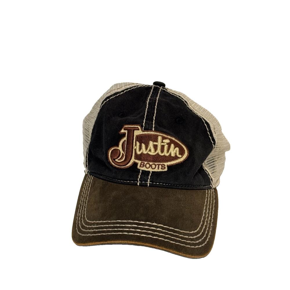 Justin Boots Strapback Trucker Cap Hat Mesh Back Patch Logo Western Cowboy